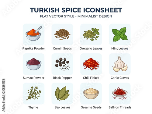 A grid of twelve illustrated icons depicting various Turkish spices herbs and seasonings against a light blue background