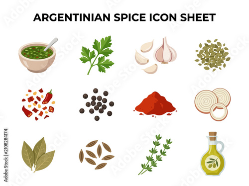 An illustrated 4x3 grid of icons depicting various ingredients like herbs spices and sauces used in Argentinian cuisine