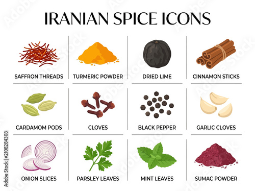 Grid of twelve labeled Iranian spice and herb icons on a white background