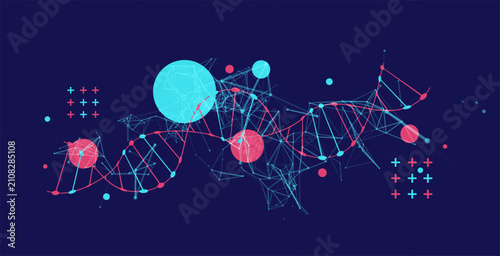 Abstract vector futuristic DNA helix structure with digital plexus network on dark background.