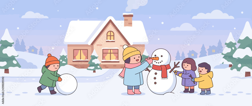 Naklejka premium Children building snowman in snowy winter village landscape