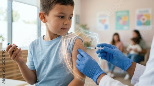Pediatric vaccination shield: immunization dose, medical needle, doctor glove, protect body, child health, inject serum, prevent disease, secure arm, safety barrier.