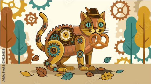 Foto Steampunk Automaton Cat Illustration Wearing a Bavarian Hat and Holding a Pretze