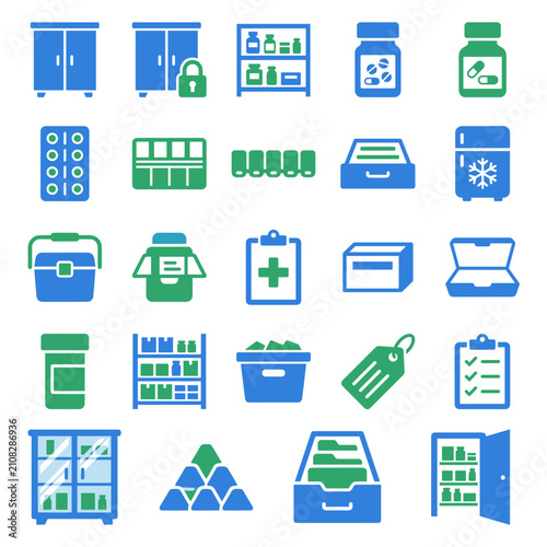 Medical Storage Icons: Cabinet, Fridge, Shelves, Boxes, Jars, Cooler, Tag