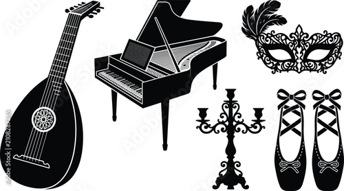 Foto Set of black silhouettes featuring a grand piano, lute instrument, masquerade ma