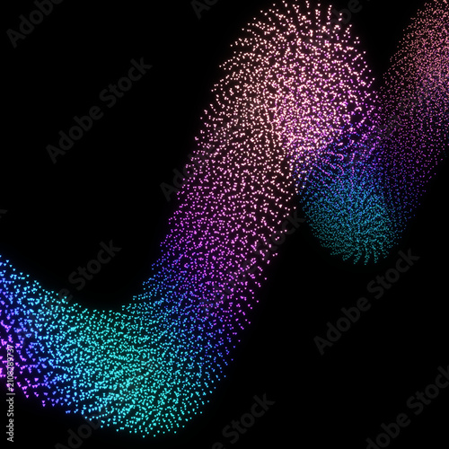 Abstract neon particle wave dynamic background. Glowing digital particle trail on dark backdrop