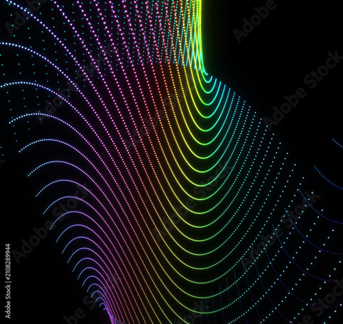 Colorful rainbow particle mesh wave abstract background. Vibrant digital particle grid ocean texture.