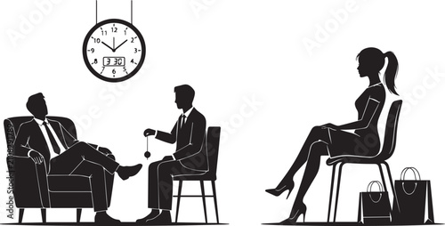 фотографія Business people waiting in chairs with clock showing late time