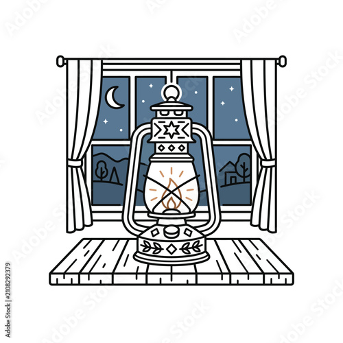 Antique lantern on windowsill overlooking starry night sky