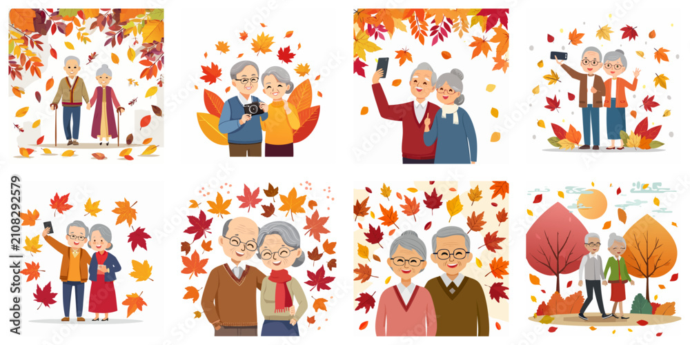 Fototapeta premium 秋の紅葉散歩や旅行を楽しむシニア夫婦のベクターアイコンセット