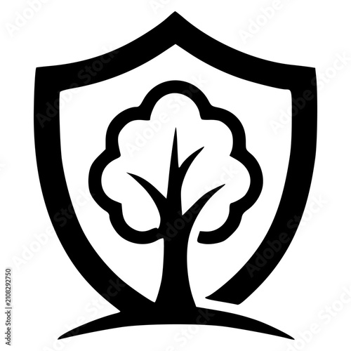 A black and white graphic icon depicting a stylized tree centered within a protective shield, symbolizing environmental conservation and ecological security.