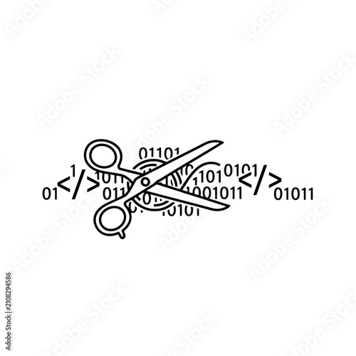 A pair of scissors cutting through digital binary code and programming symbols