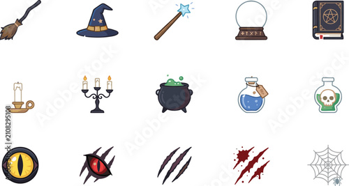 Fotografie Set of magic and witchcraft icons including potions, spellbook, and wizard hat
