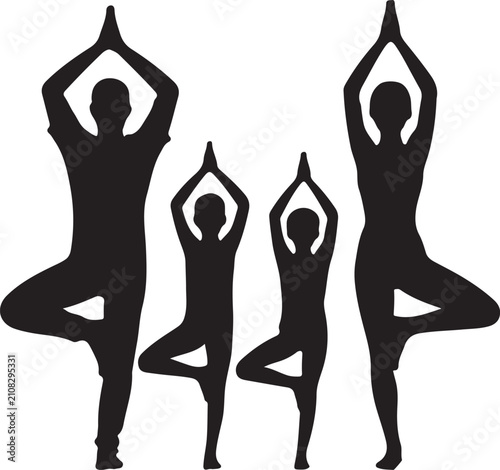 Family practicing yoga, silhouette of a father, mother, and two children standing in tree pose, healthy lifestyle, fitness, wellness, and exercise concept