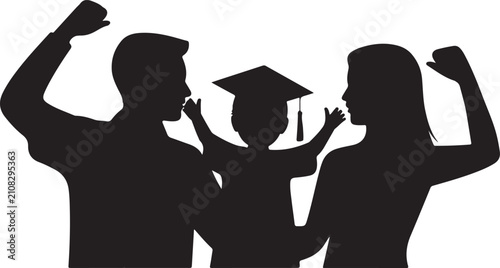Silhouette of a happy family celebrating their childs graduation, parents cheering with their arms raised