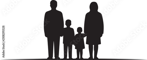Silhouette of a family of four, including parents and two children, standing together in a row, representing unity, togetherness, and family values