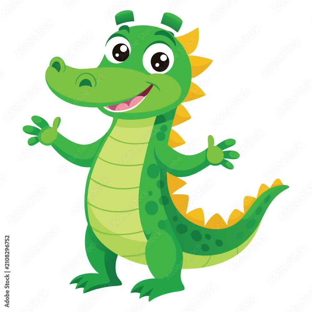 Fototapeta premium Cute Cartoon Crocodile Smiling Friendly Green Reptile Mascot Character Standing with Open Arms Vector Illustration