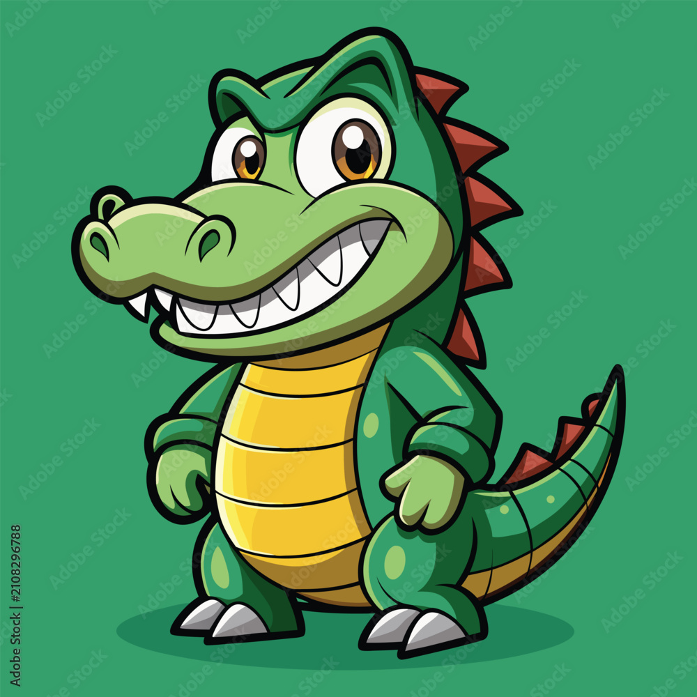 Obraz premium Cute Cartoon Crocodile Smiling Happy Green Reptile Mascot Character Illustration on Green Background