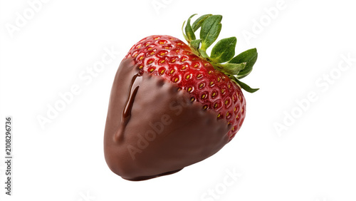Single ripe strawberry partially dipped in melted chocolate with green stem isolated on transparent background