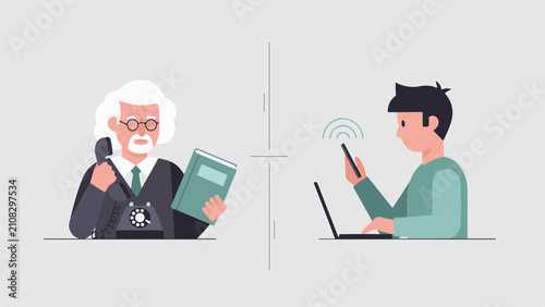 Elderly mentor with a book teaches a younger person using a laptop in a split-screen digital illustration format.