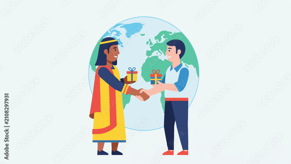 Fototapeta premium Illustrated professionals exchanging gifts with a globe symbolizing global collaboration and partnership.