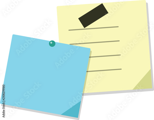 Blue and yellow sticky notes with lines and tape for important office work reminders and tasks