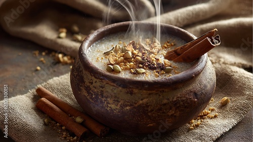 Steaming warm sago pudding in rustic clay pot decorated with crushed nuts