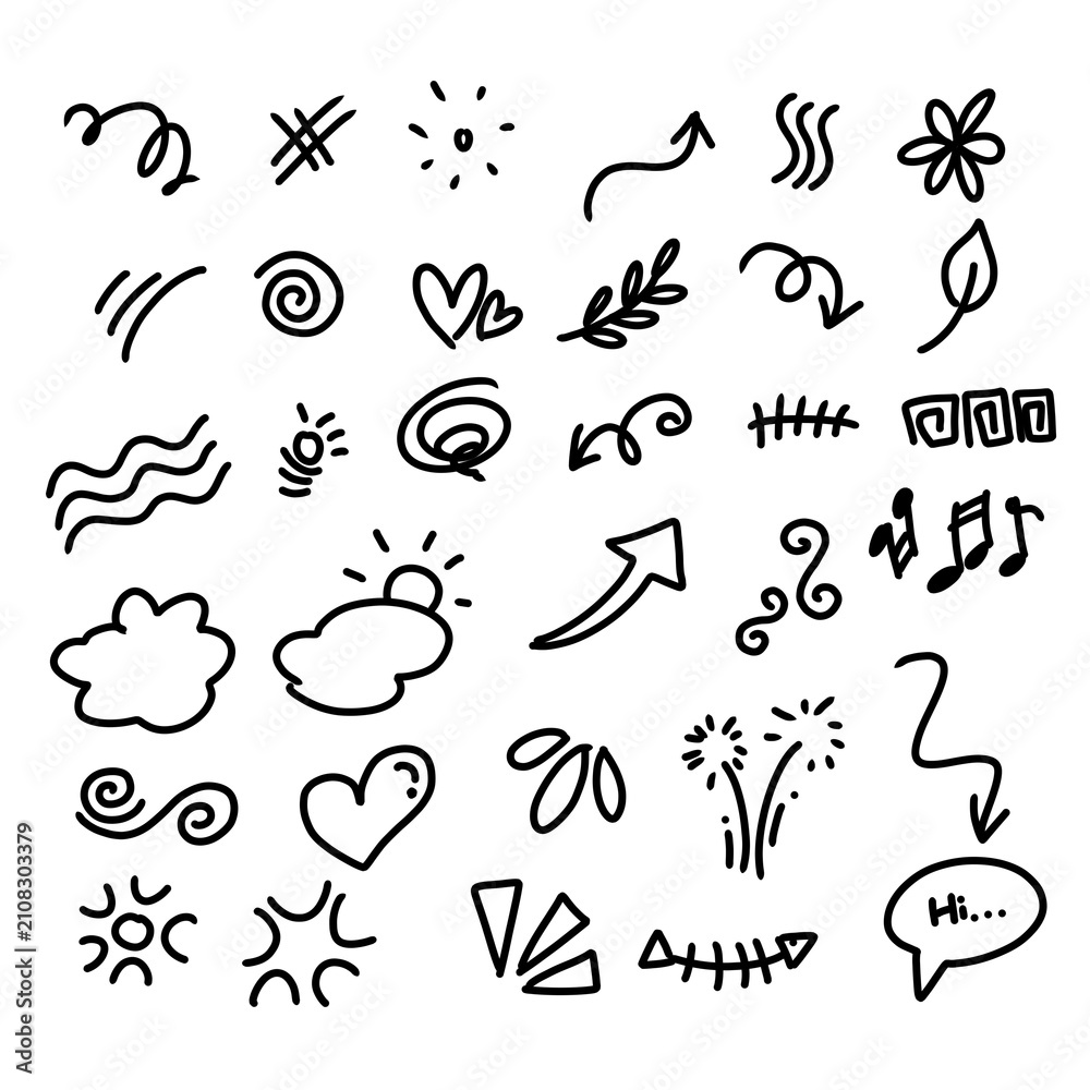 Obraz premium Hand Drawn Doodle Elements Set with Arrows Hearts Speech Bubble Stars and Abstract Symbols Vector Collection