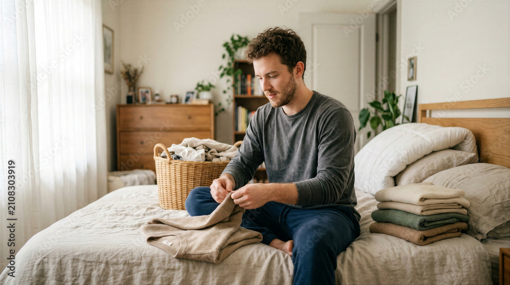 Fototapeta premium Man folding laundry on bed in bedroom with natural light