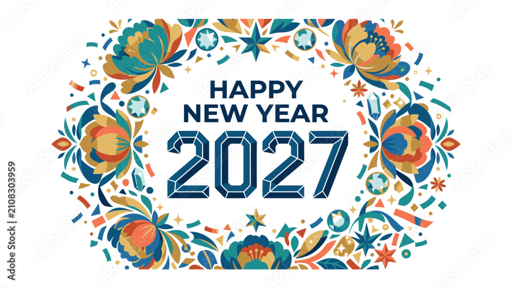 Fototapeta premium New Year 2027 Celebration Garland: A festive and colorful graphic design wishing Happy New Year 2027 within an ornamental floral garland border, featuring abstract shapes and confetti elements.