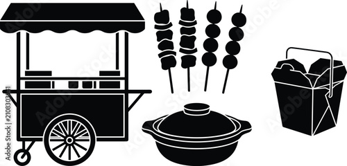 Tableau sur toile Street food vendor equipment icon set featuring food cart, skewers, clay pot, an