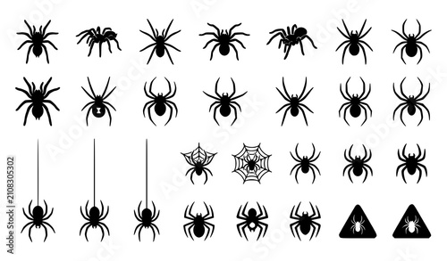Tablou pe pânză Spider silhouette vector set with realistic black arachnid icons isolated on whi