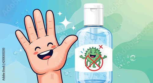 Friendly palm character demonstrating health safety routines using antiseptic fluid to eliminate harmful germs and protect skin from sickness during daily hygiene prevention routines