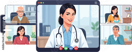 Female physician conducting remote consultations with diverse patients using video conferencing software for healthcare services and telemedicine communication solutions across multiple screens