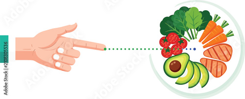 A human hand pointing towards a healthy meal containing fresh vegetables and balanced nutrients to encourage dietary choices and wellness planning for everyday people seeking nutritional guidance