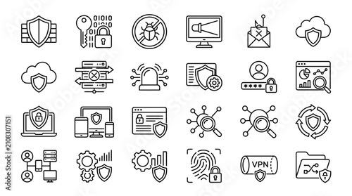 Information technology icons showcase an array of security configurations and analytical tools for enterprise systems.