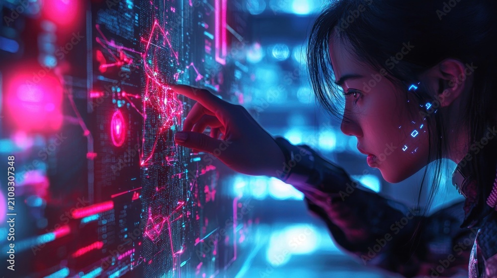 Naklejka premium Woman interacting with a futuristic digital interface display