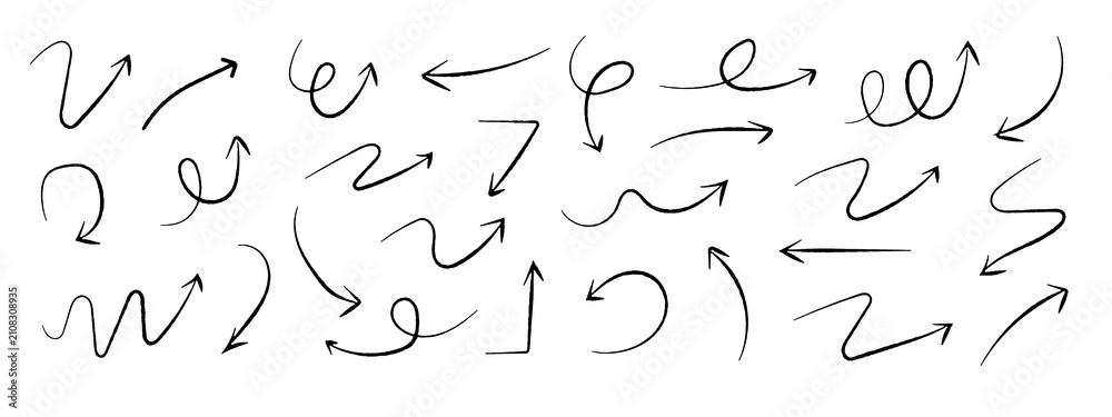 Obraz premium Hand Drawn Black Arrow Collection Set – Curved, Loop, Spiral, Wavy and Directional Doodle Arrows Isolated on Transparent Background