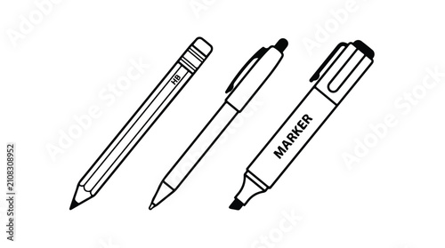 Stationery set featuring a graphite pencil, a ballpoint pen, and a thick felt tip marker provides essential tools for writing and creative drawing tasks in an office or educational setting.