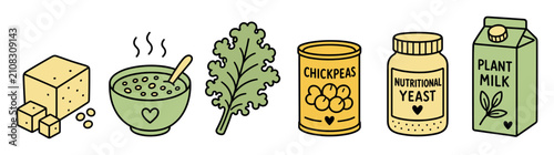 Vegan plant based food ingredients illustration set featuring tofu, hot soup, fresh kale, canned chickpeas, nutritional yeast, and carton of plant milk in a cute doodle style