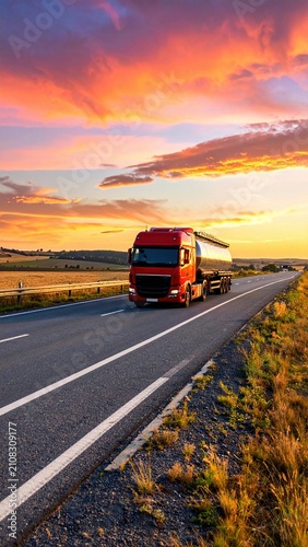 A red truck travels on a highway during a stunning sunset, with vibrant skies and scenic landscapes.