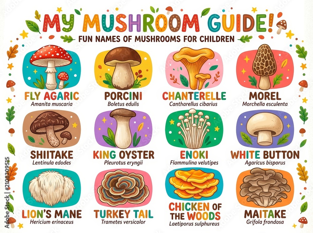 Fototapeta premium Educational mushroom guide with colorful illustrations and names for children. Botanical chart showing variety of forest fungi species. Nature school poster for biology study and knowledge.