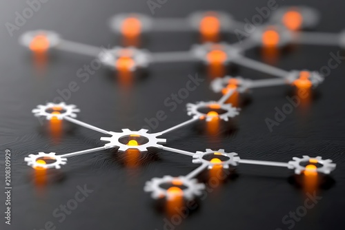 Interconnected gears with glowing orange lights on a dark background representing a complex system or network for technology and industry concept