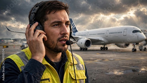 Airport ground crew member communicating with headset near airplane