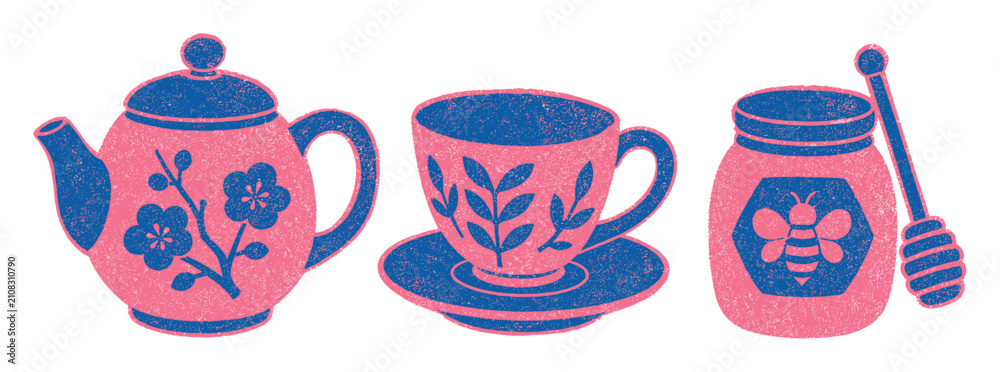 Obraz premium Teapot, teacup, and honey jar illustration set in a textured retro linocut style featuring floral patterns and a bee emblem