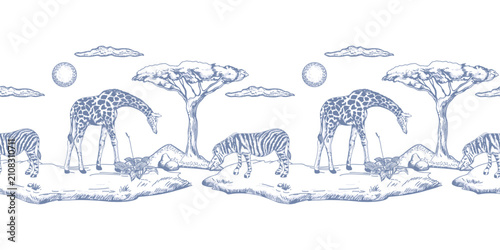 Canvas Print African zebras and giraffes roaming the savanna