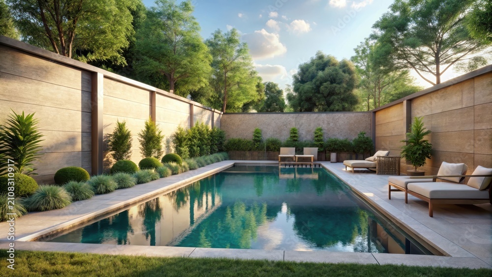 Fototapeta premium A serene oasis emerges a rectangular new swimming pool with tan concrete edges in the fenced backyards lush setting