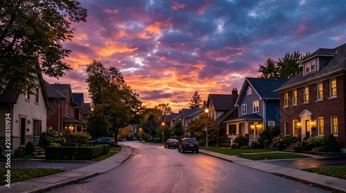Suburban street at sunset with vibrant colorful sky and residential houses