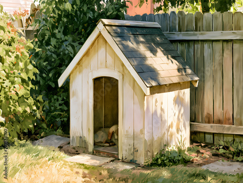 Wooden Dog House in Sunny Backyard Garden with Rustic Fence