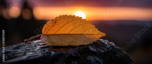 Close-Up of Dewy Leaf on Wet Surface with Sunset Background, Capturing Nature's Beauty and Serenity in a Tranquil Setting with Soft Light